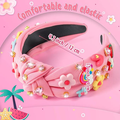 PANTIDE Floral Jeweled Knotted Headband - Rainbow Rhinestone Crystal Embellished Headband Wide Top Knot Fashion Hairband Hair Accessories Spring Summer Birthday Gift for Women Girls (Pink)