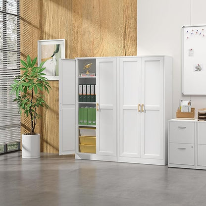 Kitchen Pantry Cabinet,60”White Metal Pantry Storage Cabinet with Doors and 4 Adjustable Shelves,Kitchen Cabinet with 2 Gold Handles,Tall Cabinets for Livingroom, Bathroom