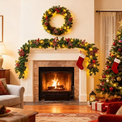 Christmas Garland with Lights, 9FT Christmas Garland for Mantle, Prelit Outdoor Garlands with Red Berries and Pine Cores for Ourdoor Indoor Mantle Table Stairs Fireplace Home Christmas Decor