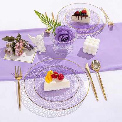 SUT 100Pcs Purple Plastic Plates, Hammered Plates Disposable Heavy Duty, Purple Disposable Plates With Gold Rim, Fancy Plastic plates Include 50 Dinner and 50 Dessert plate for Wedding