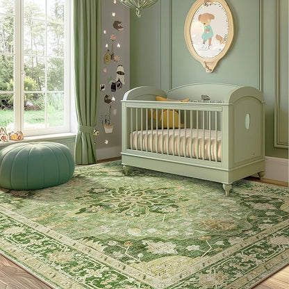 Area Rugs 6'x9' Washable Non-Slip, Floral Vintage Distress Print Pattern Medallion Carpet for Living Room Bedroom Dining Room, Sage Green Yellow