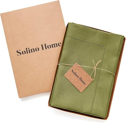 Solino Home Linen Napkins Set of 4 - Classic Hemstitch 100% Pure Linen Avocado Green Dinner Napkins Cloth 20 x 20 Inch for Fall, Autumn, Winter - Handcrafted and Machine Washable