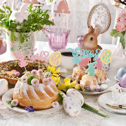 24pcs Gender Reveal Cupcake Toppers - Blue Pink Glitter Bunny Egg Cake Picks - Happy Easter Cake Decorations - Bunny Easter Theme Spring Theme Babyshower Birthday Party Decorations