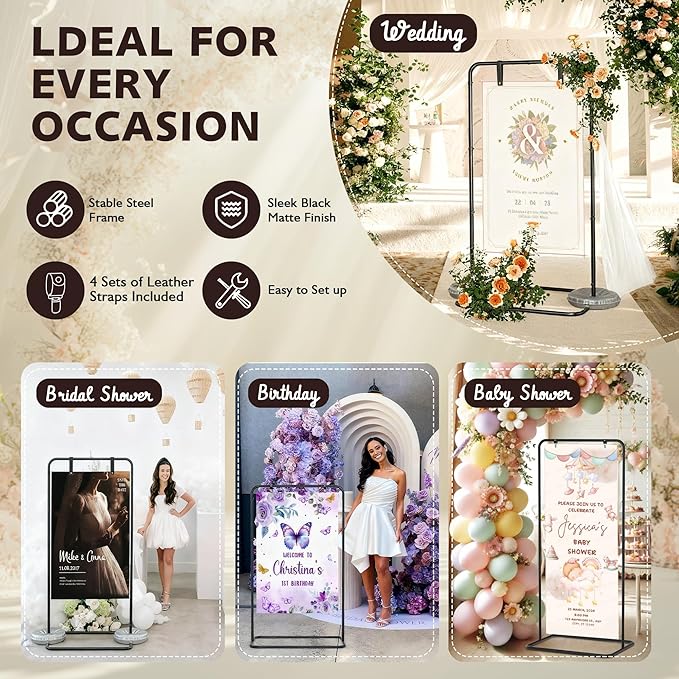 Jolitac Wedding Welcome Sign Holder, Adjustable Wedding Sign Stand Leather Hanging Straps & Design Bundle Heavy Duty Metal Easel Stand for Seating Charts, Bridal Showers, Birthday Party Displays