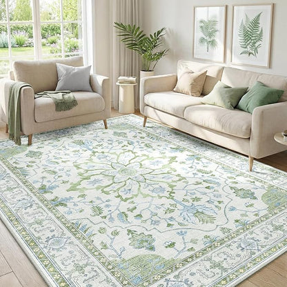 Area Rugs 5'x7' Washable Non-Slip, Floral Vintage Distress Print Pattern Medallion Carpet for Living Room Bedroom Dining Room, Green White Blue