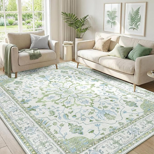 Area Rugs 5'x7' Washable Non-Slip, Floral Vintage Distress Print Pattern Medallion Carpet for Living Room Bedroom Dining Room, Green White Blue