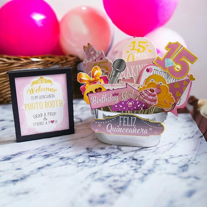 Quinceanera Photo Booth Props - 41-pc Photobooth Kit with 8 x 10-Inch Sign, 60 Adhesive Pads, 45 Sticks - Sweet 15 Photo Booth Props - Decoracion para 15 Años Quinceañeras