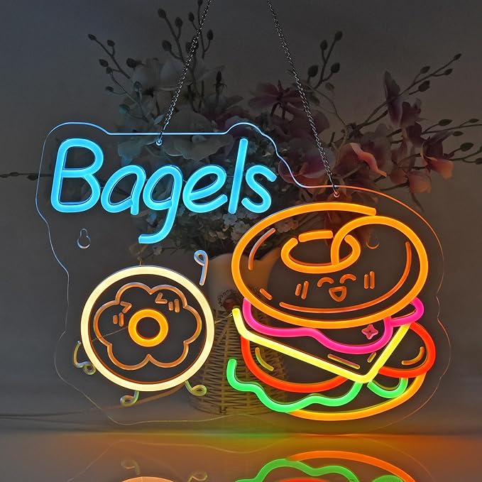 Bagels Neon Sign, Neon Lights Hanging Wall Art Decoration for Store Retail Shop Market Mall Grocery Bakeries Café Celebration Home Decor, USB Powered Ultra Bright Dimmable, 15.75*12.2 inches