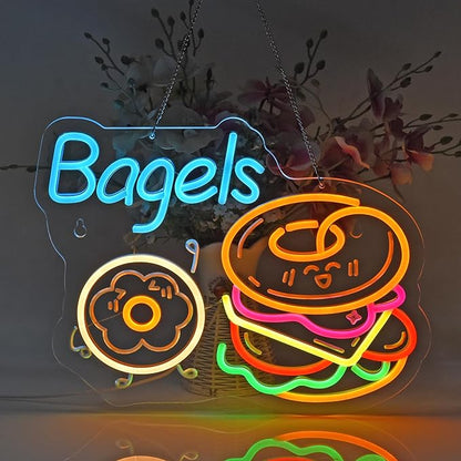Bagels Neon Sign, Neon Lights Hanging Wall Art Decoration for Store Retail Shop Market Mall Grocery Bakeries Café Celebration Home Decor, USB Powered Ultra Bright Dimmable, 15.75*12.2 inches