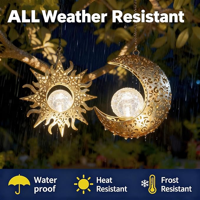 Solar Hanging Sun & Moon Lights Set for Outside,2 Pack Metal Lanterns Pierced Carving Soothing Lamp, Large Decorations for Yard Garden Patio Proch Tree Wall, Christmas Gifts for Women Mom