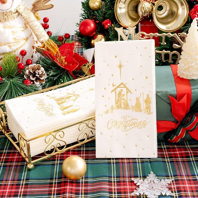 50 Pack Christmas Nativity Paper Napkins Scene - The Birth of Jesus Scene Dinner Napkins - Disposable White Gold Paper Napkin Hand Towels for Dinner Holiday Xmas Party Christmas Eve Decor