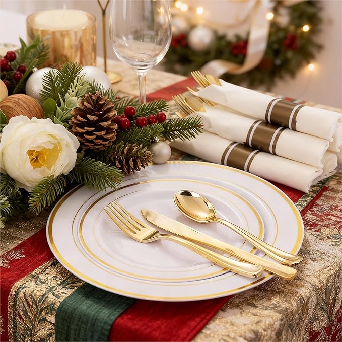 WELLIFE 700 Pcs Gold Plastic Plates for 100 Guests - Disposable Dinnerware Set,Christmas Party Supplies Includes 200 Gold Plates,300 Plastic Silverware,100 Napkins,100 Cups for Party and Christmas