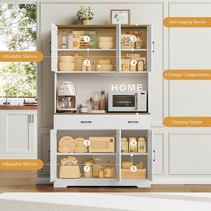 HOSTACK 71" Pantry Cabinet with Charging Station, Tall Kitchen Pantry Storage Cabinet with Microwave Stand, Farmhouse Kitchen Hutch with Storage Drawers for Living Room, Dining Room, White