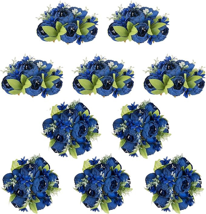 NUPTIO Flower Ball Arrangement Bouquet: 10 Pcs 9.4 inch Diam Royal Blue Faux Peony Flowers Balls for Wedding Centerpiece Decorations Fake Peonies Artificial Flower Centerpieces for Tables