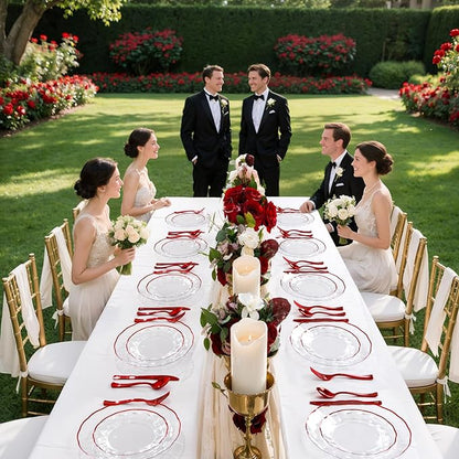 EI 150pcs Clear and Red Plastic Plates,Plastic Plates and sliverware,Clear Disposable Party Dinnerware Set for 30 Guests,Red Wavy Petal Edge Disposable Dinnerware Set for Wedding,Christmas,New Year