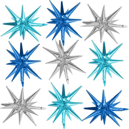 Blue Silver Star Balloons,9Pcs 22Inch Blue Silver Explosion Spike Cone Helium Polyester Film Star Foil Balloons for Birthday Anniversary Baby Shower Disco Party Decorations