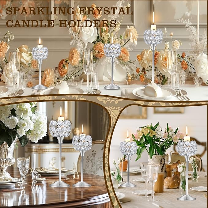 Crystal Candle Holders Set of 3 for Wedding Centerpieces Gold Or Silver Candle Holders Bulk Decorative Tealight Candle Holder for Wedding, Party,Table Centerpieces Decoration (Silver, 2 Sets(6 Pcs))