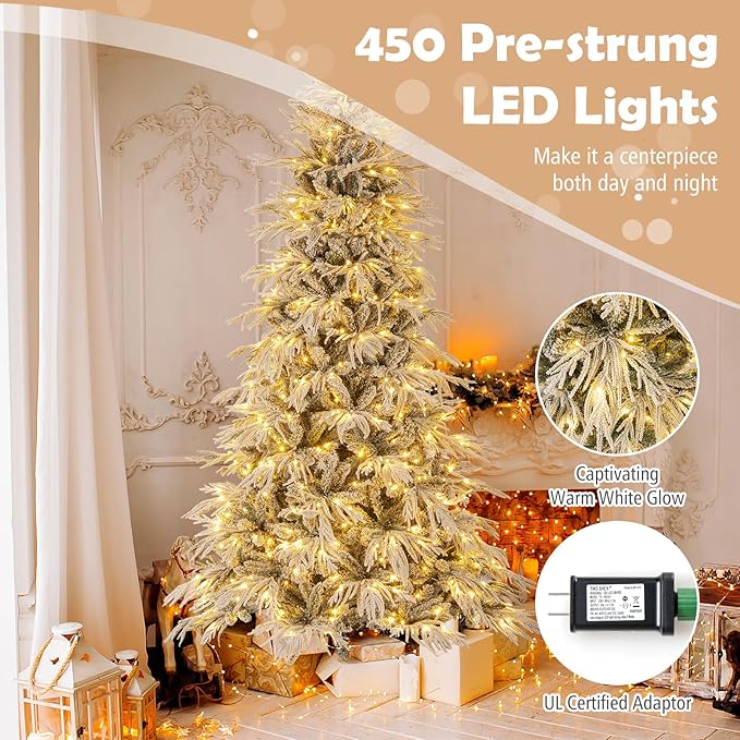 GOFLAME 8FT Pre-lit Artificial Christmas Tree, Snow Flocked Hinged Xmas Tree with 450 Warm White LED Lights, 1108 Branch Tips and Folding Metal Stand, Holiday Decoration Tree for Home Party