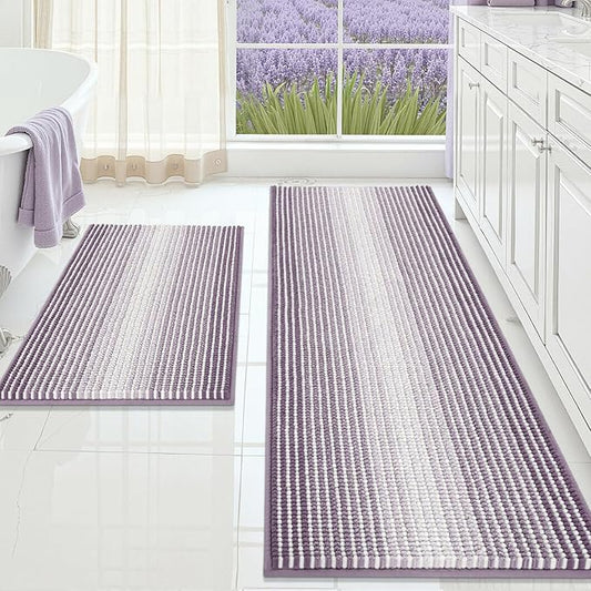 Bathroom Rugs and Mats Sets, 2 Piece Thick Absorbent Chenille Bath Mat Rug Set Non Slip, Soft Shaggy Bath Room Floor Mats for Bathroom, Machine Washable (Lavender Purple, 20" x 60" Plus 20" x 32")