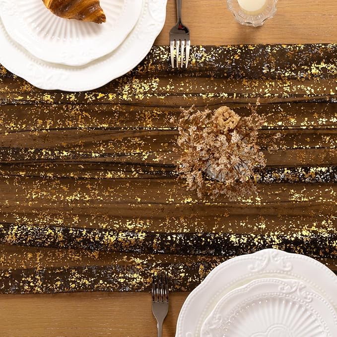 Black Gold Table Runner 3 Pack Sheer Gauze Cheesecloth Runner 120 Inch Glitter Wedding Anniversary Party Decor for Dining Table Home Celebration