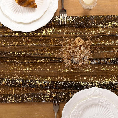 Black Gold Table Runner 3 Pack Sheer Gauze Cheesecloth Runner 120 Inch Glitter Wedding Anniversary Party Decor for Dining Table Home Celebration