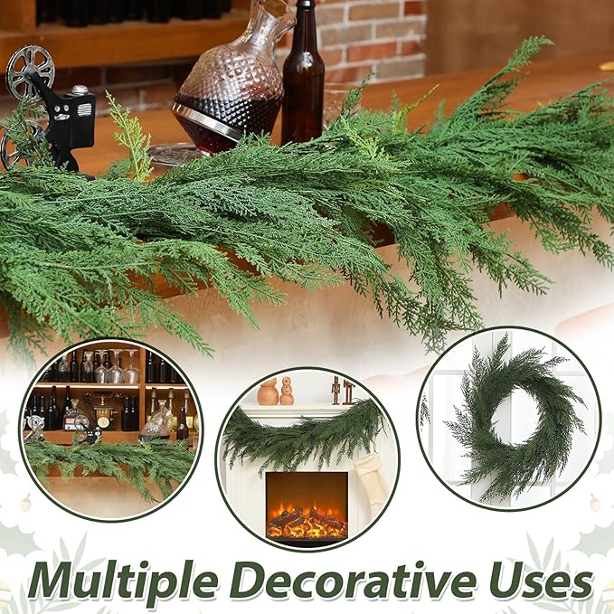 Jutom 1 PCS 6 ft Christmas Cedar Garland - Green Artificial Realistic Cedar Garland Faux Decoration for Table, Mantel, Wall Winter Holiday Party