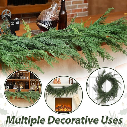 Jutom 1 PCS 6 ft Christmas Cedar Garland - Green Artificial Realistic Cedar Garland Faux Decoration for Table, Mantel, Wall Winter Holiday Party