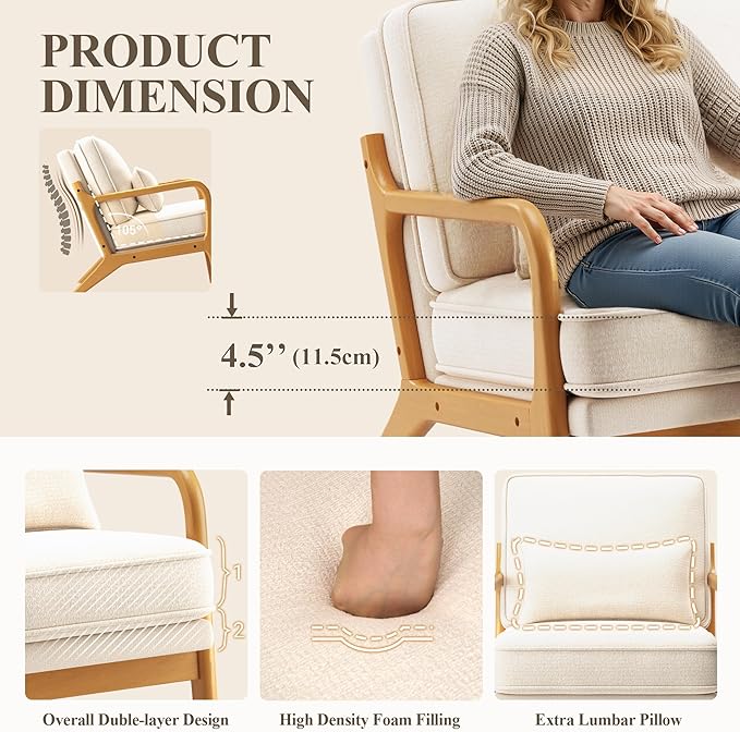 Mid-Century Accent Chair Set of 2 with Solid Wood Frame, Reading Relaxing Armchair Lumbar Pillow& Soft Cushion, Leisure Chair for Living Room, Bedroom, Waiting Room-Beige