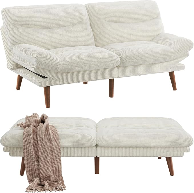Pipishell Futon Sofa Bed, 66 Inch Corduroy Futon Couch Convertible with Adjustable Backrest and Armrests, Recliner Sleeper Sofa for Small Spaces, Living Room, Office, Guest Room (White, 66 Inch)