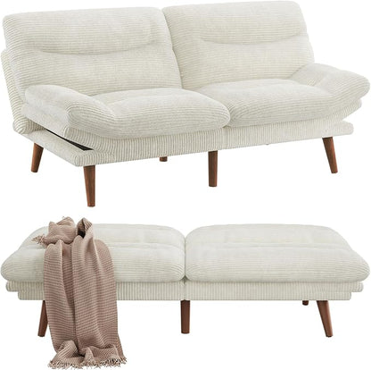Pipishell Futon Sofa Bed, 66 Inch Corduroy Futon Couch Convertible with Adjustable Backrest and Armrests, Recliner Sleeper Sofa for Small Spaces, Living Room, Office, Guest Room (White, 66 Inch)
