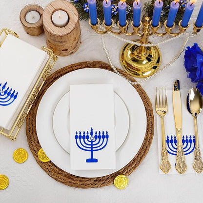50 Pack Hanukkah Napkins - Blue and White Paper Napkins - Heavy Duty Cloth-Like Feel Napkin with Menorah Candles - Disposable Hand Towels for Kitchen Table Bathroom Holiday Decor