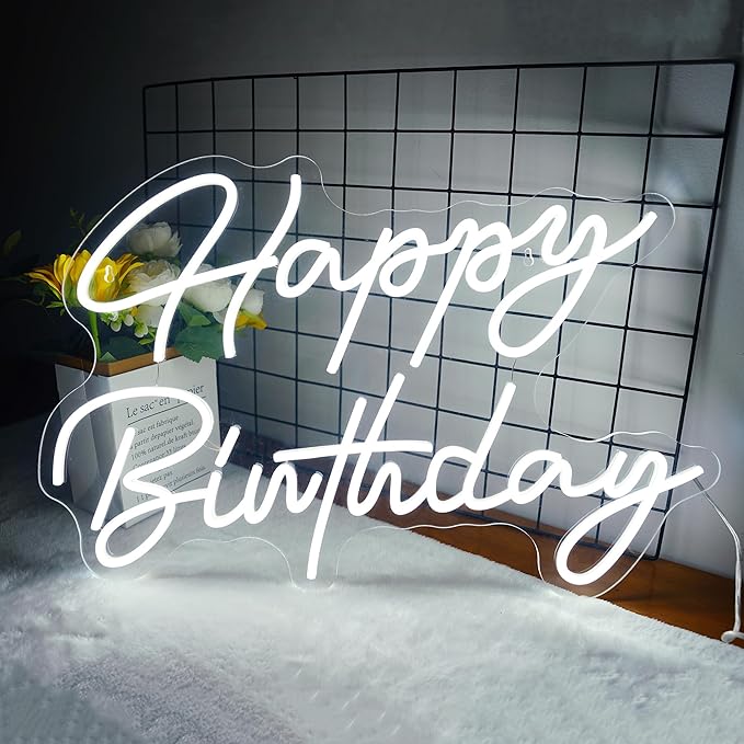 Happy Birthday Neon Sign - Large Happy Birthday Light Up Sign for Wall Decor with USB Powered, Adjustable Brightness Reusable LED Light Sign for All Birthday Party Decoration(16.5 x11inches,White)