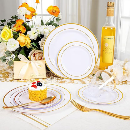 GATHER 350PCS Gold Plastic Plates - White and Gold Disposable Plastic Dinnerware Set Include 50 Dinner Plates, 50 Dessert Plate, 150 Silverware, 50 Napkins, 50 Cups for Party & Wedding & Christmas