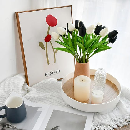 ONLY ART Artificial Black and White Tulips 20 Pcs – 13.5 Inch PU Faux Flowers with Bendable Stems for Home Décor, Wedding Centerpieces, DIY Floral Arrangements, Table Decorations