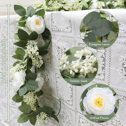 MAKHOT 2Pack White 6.6 Ft Eucalyptus Garland with Lovely Faux Rose Flowers, Artificial Eucalyptus and Rose Garlands Decor, Floral Greenery Garland for Wedding Home Table Decor (White)