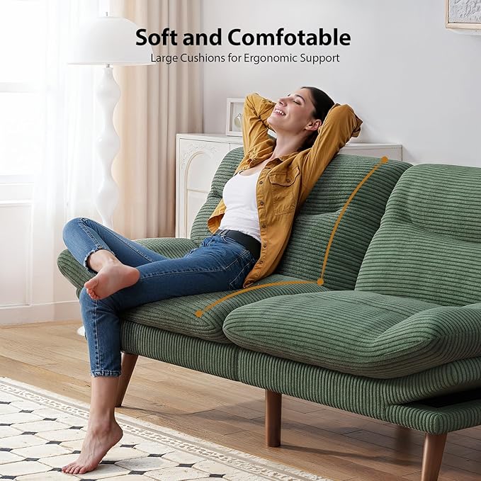 Pipishell Futon Sofa Bed, 75 Inch Corduroy Futon Couch Convertible with Adjustable Backrest and Armrests, Recliner Sleeper Sofa for Small Spaces, Living Room, Office, Guest Room (Green, 75 Inch)