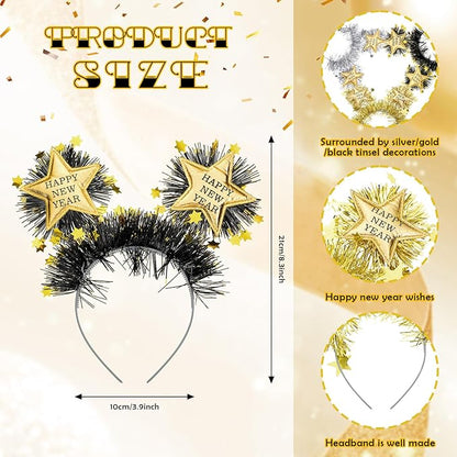 6 Pcs 2026 Happy New Year Headband with Star Boppers Headdresses Black Gold Silver Headdresses for New Year's Eve Party Supplies Holiday Supplies