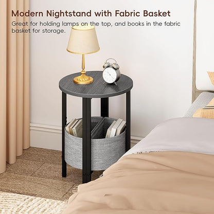 Vagusicc Small Round Side Table End Table, Tall Accent Table with Storage Basket, Set of 2 Half Round Table Half Moon Tables, Coffee Bedside Table Modern Nightstand for Living Room Bedroom Gray Walnut
