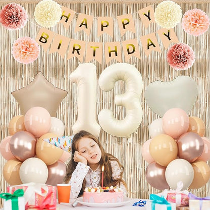 Beige 13th Birthday Decorations Girls Boys Cream Number 13 Balloon Nude Gold Happy Birthday Banner Fringe Curtain Paper Pom Poms Blush White Sand Champagne Star Foil Balloons Neutral Boho Party Decor