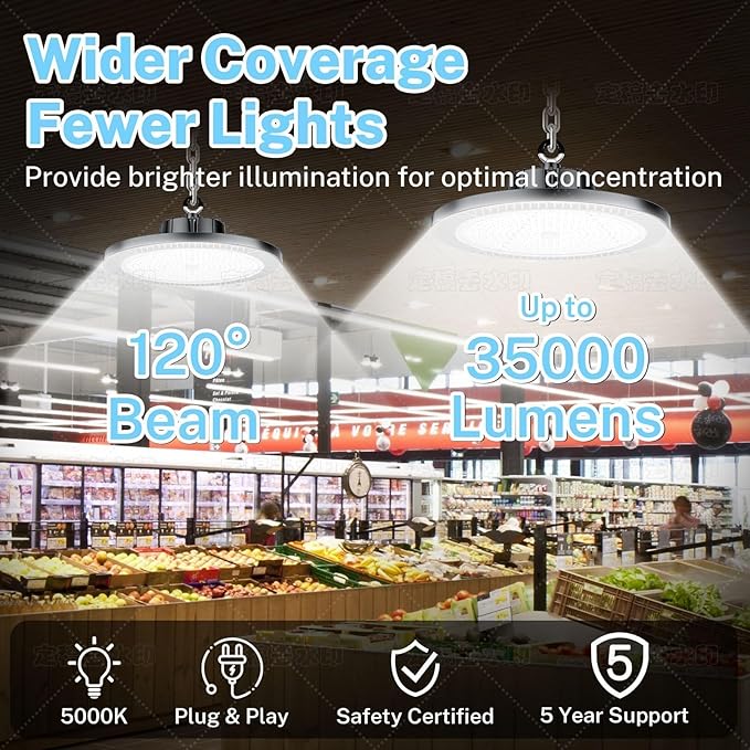 THELUX 6Pack 250W Led High Bay Light Super High Brightness 35000lm (Replacement 10000HPS) 5000K,100V-277V, with Plgu&Play IP65 Waterproof LED Shop Light for Warehouse Workshop Logistics Center