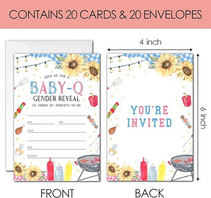 Baby-Q Gender Reveal Invitations - 20 Rustic BBQ Baby Shower Invitation Cards 4"x6" with Envelopes, Sunflower and Gingham Blue Pink Invitations for Parents-to-Be.(104)