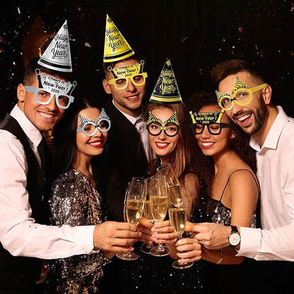 144PCS New Years Eve Party Supplies 2026 for 48 Guests, Happy New Years Decorations Party Favors Includes Cone Hats, Tiaras, Glasses, Noise Makers Accessories for Adults Kids
