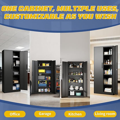 Metal Storage Cabinet with Doors and Adjustable Shelves, 71" Steel Garage Storage Cabinets with lock, Locking Tool Cabinet Utility Cabinets for Garage,Bathroom,Kitchen,Home Office,School,Shop
