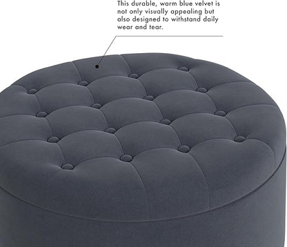 Homepop Home Decor | Button Tufted Velvet Round Storage Ottoman | Ottoman with Storage for Living Room & Bedroom, Steel Blue Velvet