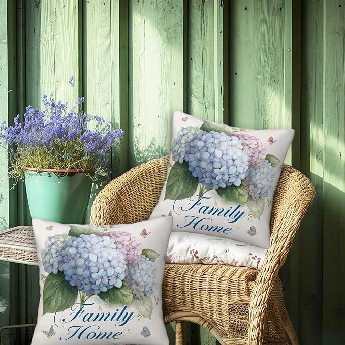 Hydrangea Throw Pillow Covers Set of 2 | 18x18 Inches Cushion Cases for Couch, Sofa, Bedroom and Living Room | Floral Pillowcases for Home Decoration
