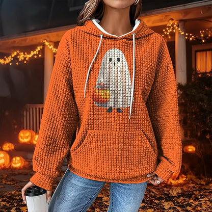 Halloween Sweatshirts for Women Novelty Graphic Drawstring Waffle Hoodies Loose Casual Pullover Tops with Pocket