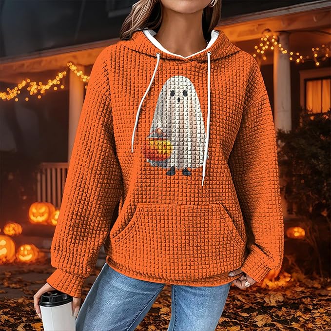 Halloween Sweatshirts for Women Novelty Graphic Drawstring Waffle Hoodies Loose Casual Pullover Tops with Pocket