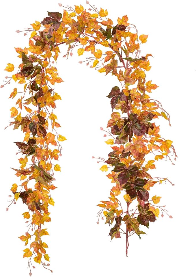 2 Pack Fall Maple Leaf Vine Clearance, 6.5 Ft/Piece Hanging Vine Garland Artificial Autumn Foliage Thanksgiving Decor for Home Wedding Fireplace Party
