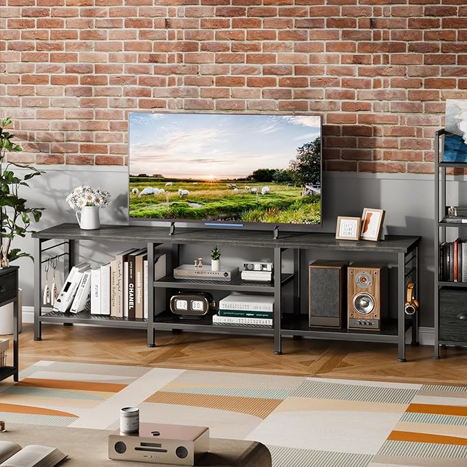 Furologee TV Stand for TVs up to 70 Inch, 63 Inch Entertainment Center with Open Storage Shelves, Television Stands with Soundbar Shelf for Living Room, Bedroom, Black Oak