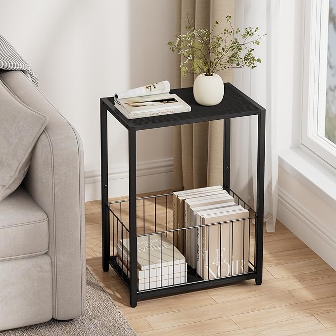 Side Table with Magazine Holder, Record Player Stand with LP Shelf, End Table for Living Room, Bedroom, or Bedside, Easy Assembly, 11" D x 16.9" W x 23.6" H, Black